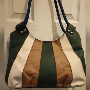 Solongon Blue, Green, Tan, & Cream Striped Women's Shoulder Bag